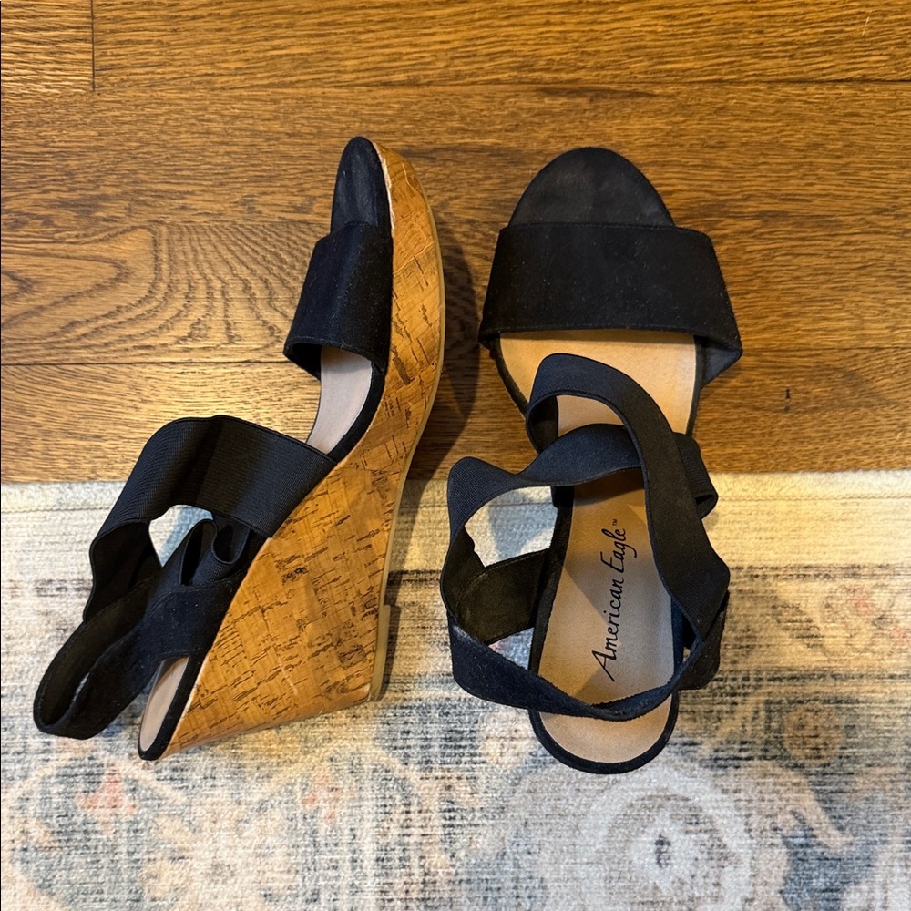 American Eagle Outfitters Black Cork Platform Wedges
